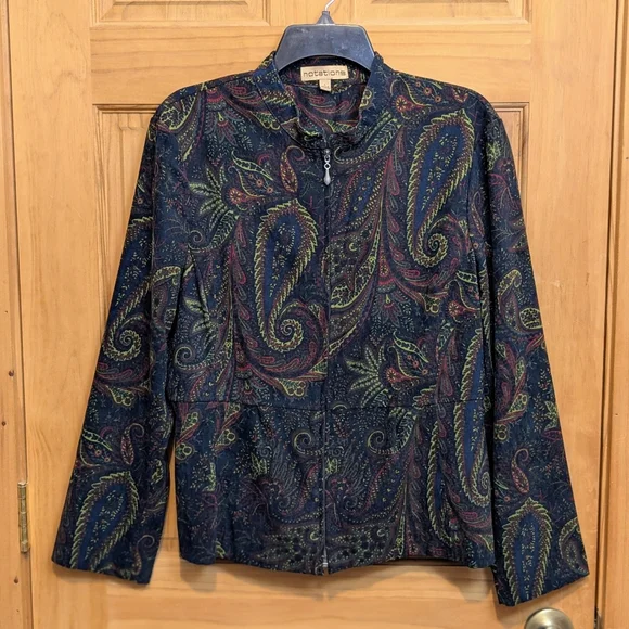 Notations Womens Large Jacket Blazer Green Red Paisley Full Zip Peplum Boho Fall - Picture 1 of 10